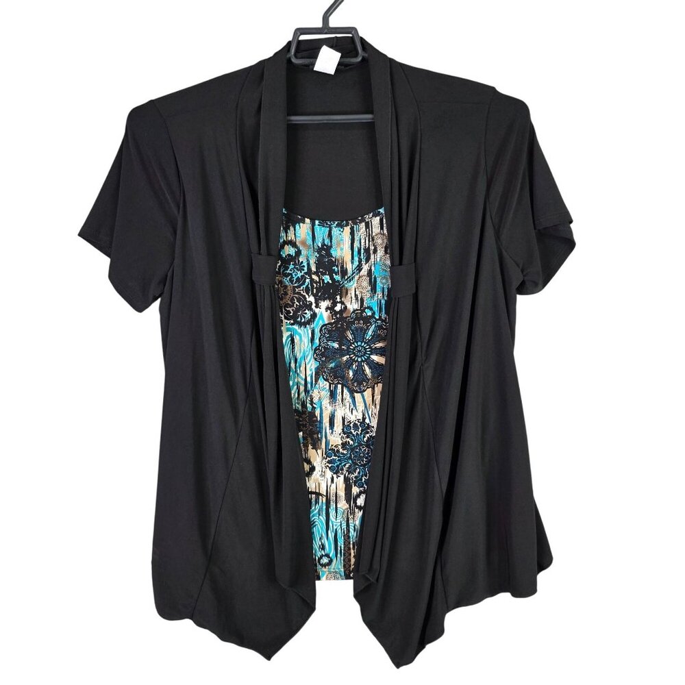 Perception Women Black Cardigan Multicolor Top Attached Polyester Stretch 2X